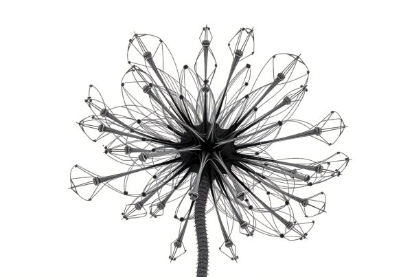Artistic monochrome abstract dandelion with intricate geometric lines and shapes on a white background.