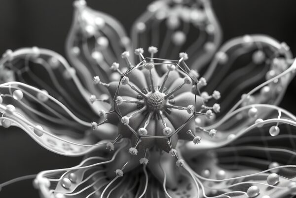 A detailed, monochrome abstract flower design showcases an intricate and futuristic pattern with a spherical center and petal-like extensions.