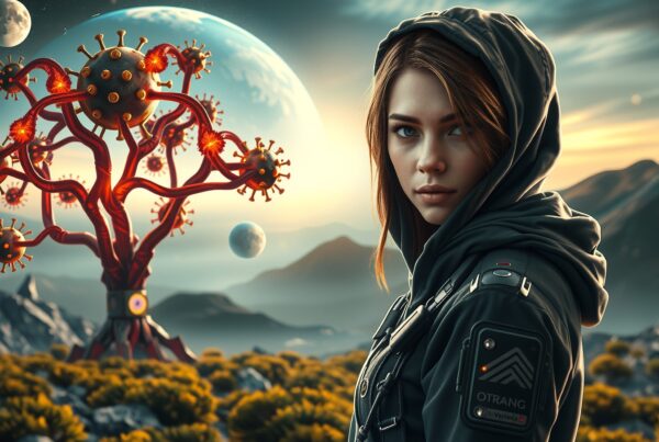 A futuristic woman stands in a surreal landscape with glowing viral-like trees under a multi-planet sky.