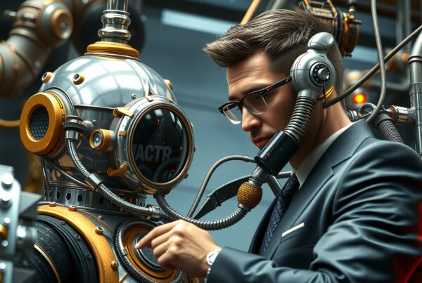 Futuristic scene of a man interacting with a humanoid robot amidst advanced technology.