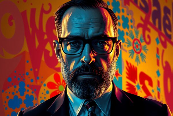 A man in a suit stands against a vibrant graffiti backdrop, illuminated by blue and orange lighting.