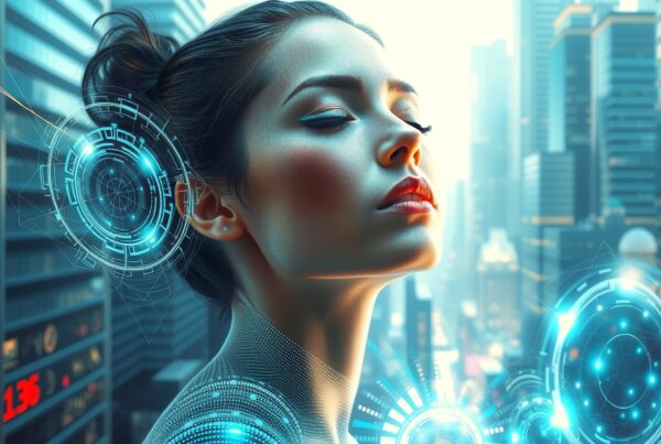 Futuristic cybernetic woman with holographic interface in modern cityscape.