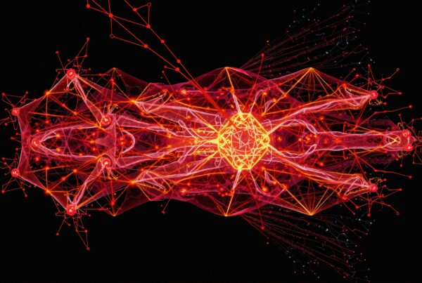Intricate digital artwork of interconnected red and orange lines forming a neural network pattern.