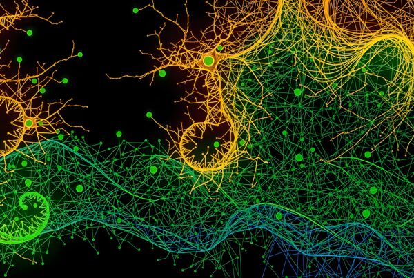 Abstract representation of a colorful neural network on a black background.