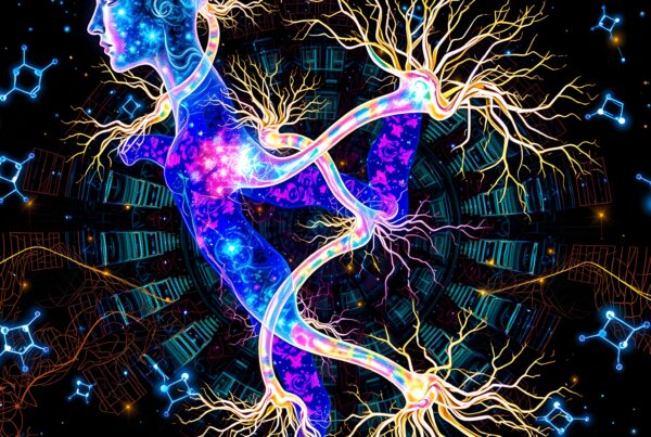 A psychedelic illustration of a cosmic human figure intertwined with vibrant energy pathways and floating molecular structures against a futuristic backdrop.