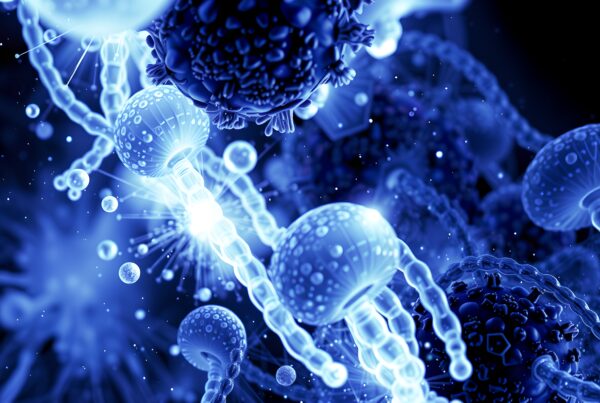 Abstract digital illustration of complex blue molecular structures and organic forms on a dark background.