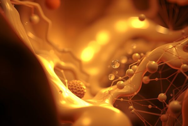 Abstract image of glowing, amber, organic network with floating spheres.
