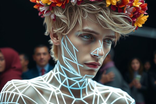 A model with a flower crown adorned with glowing geometric patterns on their face stands in front of a blurred audience.