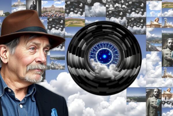 A contemplative man in a fedora contrasts a futuristic lens against a cloud-filled backdrop.
