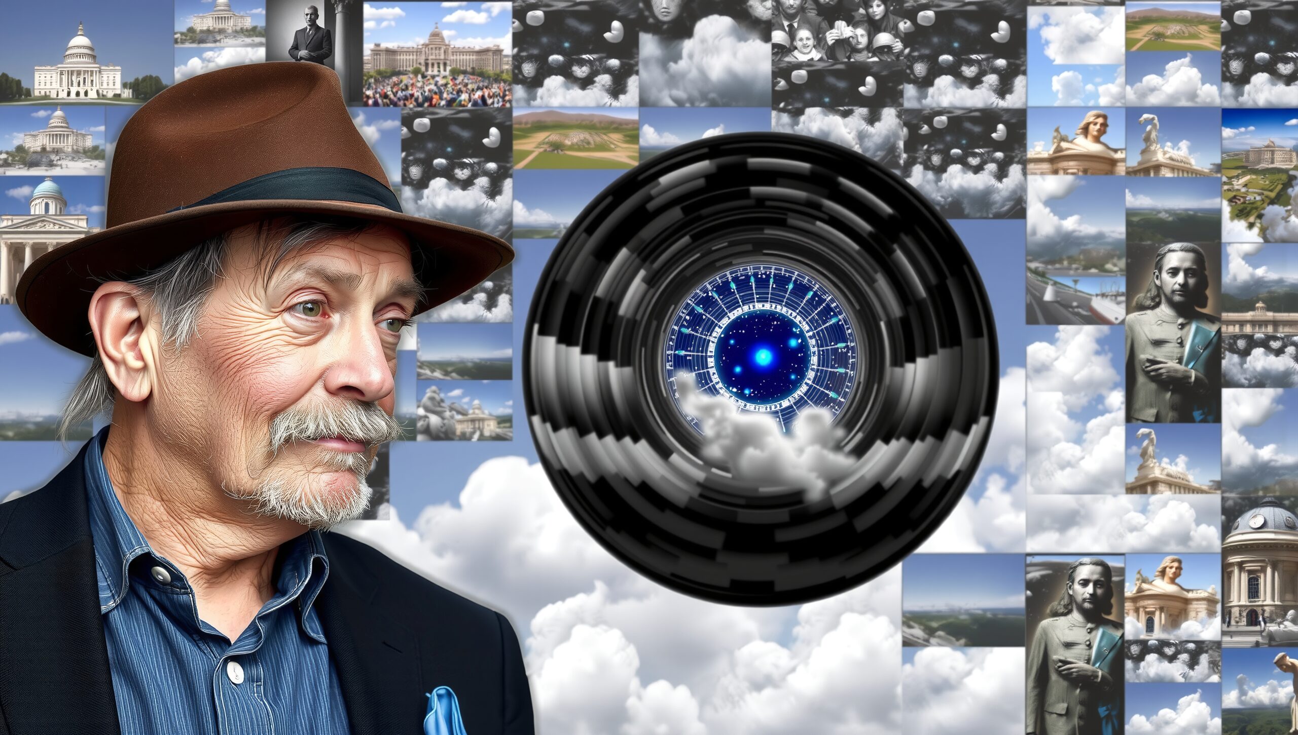 Man and Lens Amid Clouds