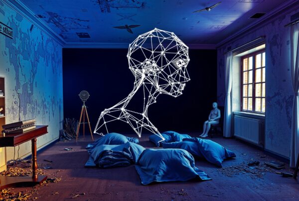 A glowing wireframe sculpture of a human head illuminates a surreal room filled with pillows, abstract art, and a mannequin by the window.