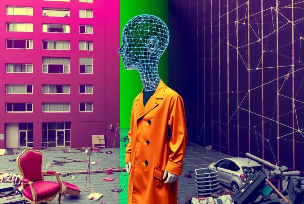A surreal scene with a wireframe head mannequin in an orange coat and contrasting pink and purple backgrounds featuring urban and futuristic elements.