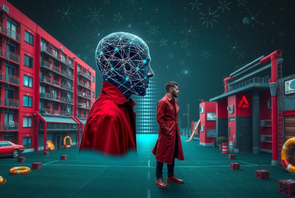 Man in red coat with digital head in futuristic urban scene.