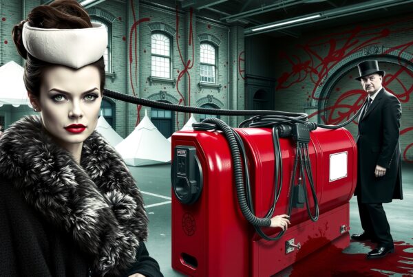 A stylish woman stands connected to a red industrial machine.