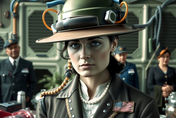 A woman in a futuristic uniform with a unique hat stands in an industrial setting with others, highlighting a blend of classic and modern technology.