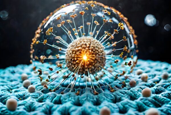 A glowing sphere with flowers rests on turquoise fabric, creating a visually striking image.