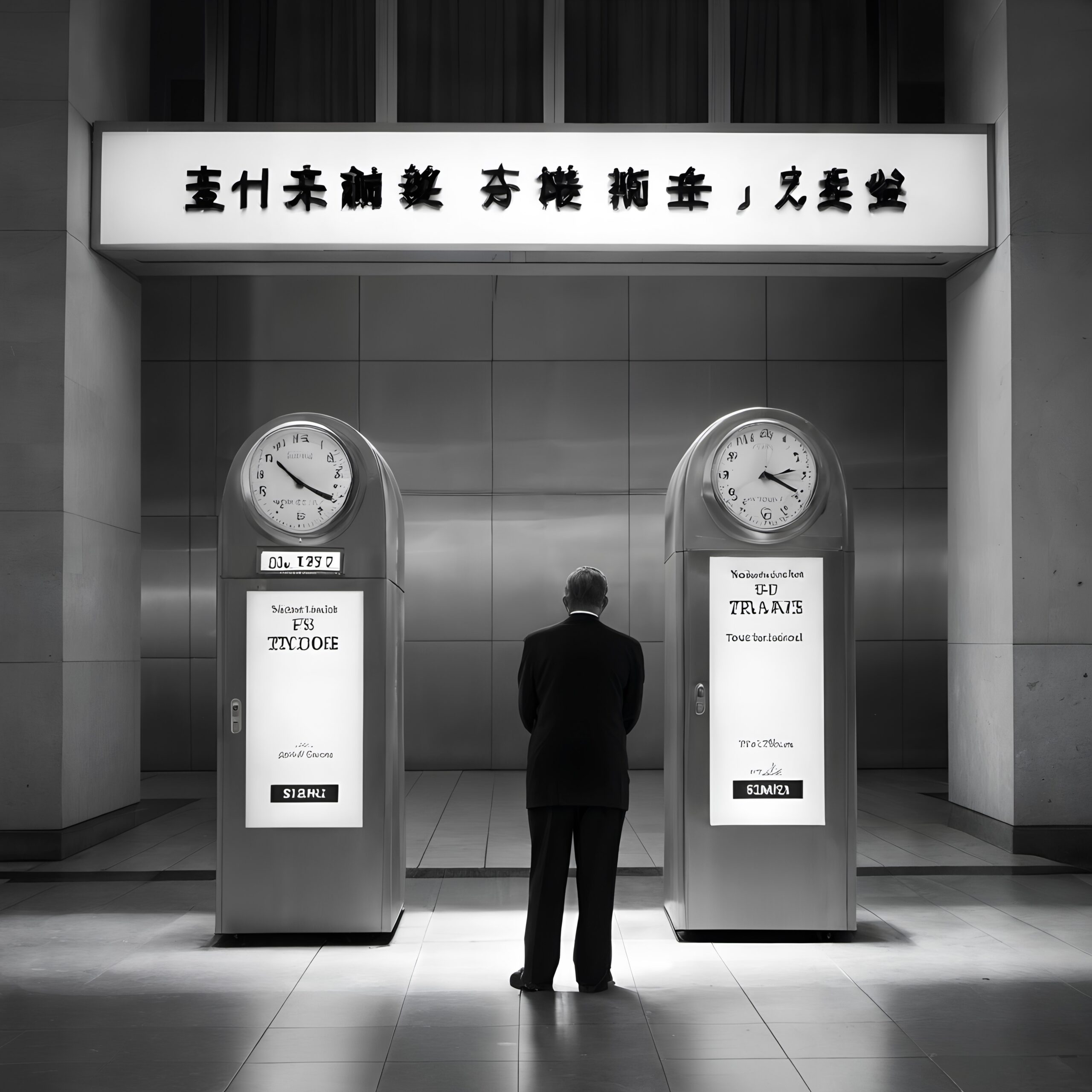 Contemplative Man Between Clocks