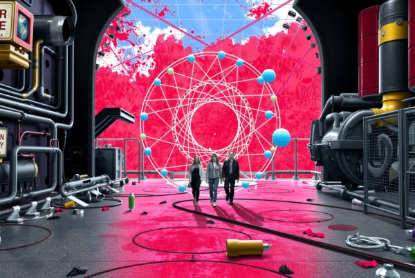 Futuristic industrial scene with intricate geometric structure and vibrant colors.