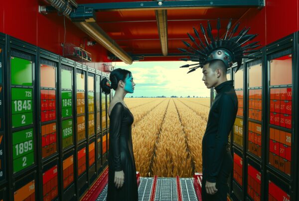 Futuristic-themed scene with two individuals in avant-garde attire standing between control panels, juxtaposed against a vibrant wheat field.
