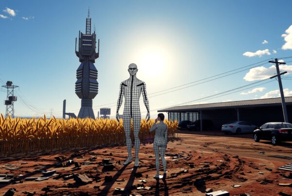 A large metallic figure stands amidst golden wheat under a clear sky, with modern structures and power lines blending technology and nature seamlessly.