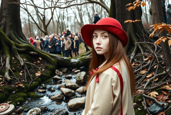 A young woman in a red hat stands amidst tree roots and a stream, with a distant crowd in the forest background.