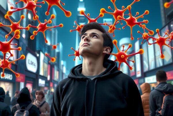 A young man in a city street looks up at floating orange virus structures under bright neon signs.