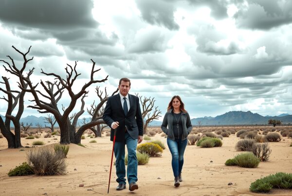 A man and woman walk confidently through a dramatic desert landscape under a cloud-filled sky.