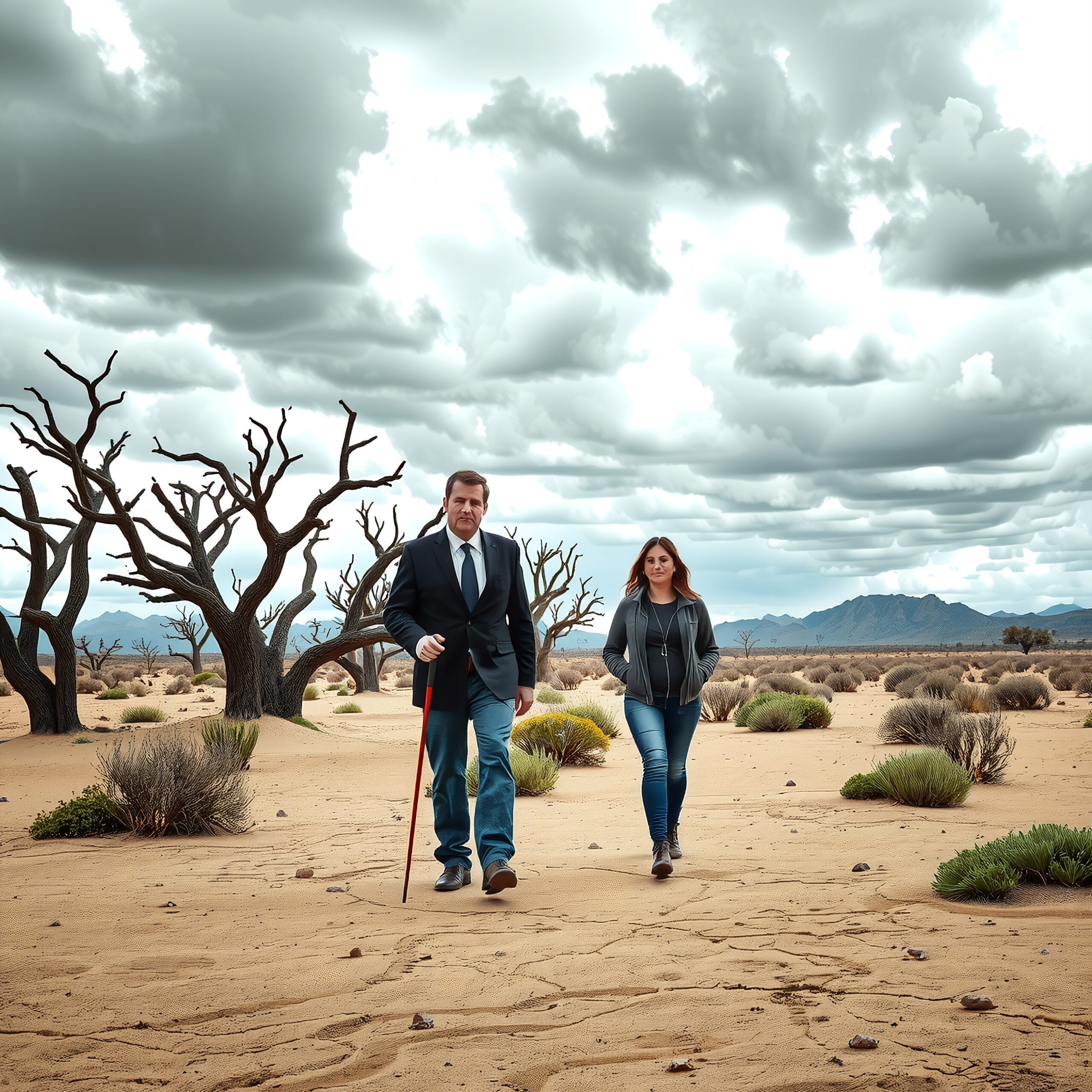 Two People Walking Desert Landscape