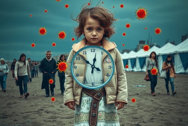 A young girl with clock on her chest walks through a surreal, virus-filled landscape under a cloudy sky.