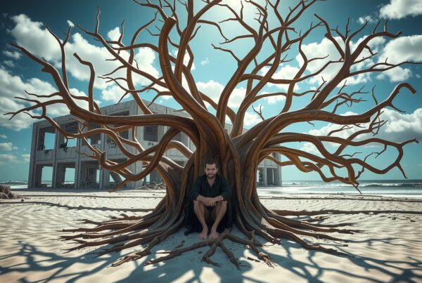 A man sits under a twisting tree on a sandy beach with an abandoned building in the background under a bright sky.