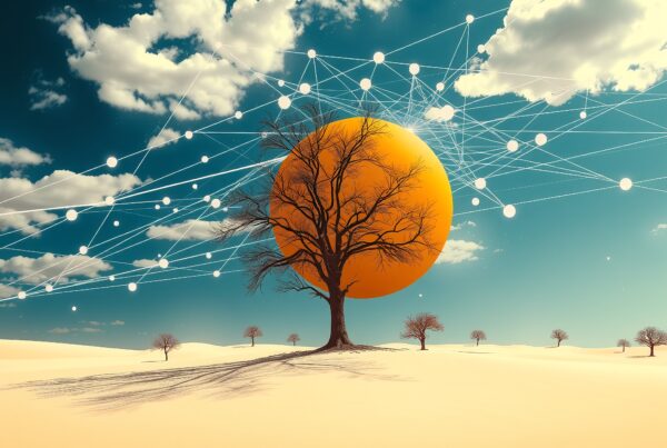 Surreal desert landscape with tree and digital sun.