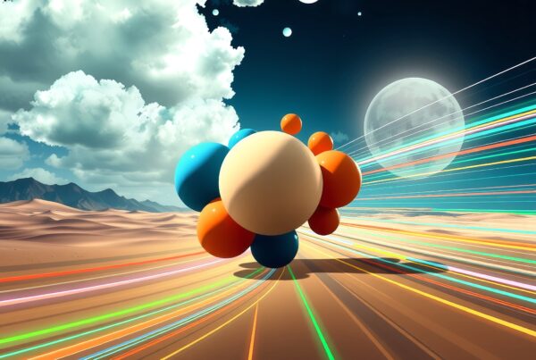 A surreal landscape with colorful spheres and dynamic light streaks under a full moon in a desert.