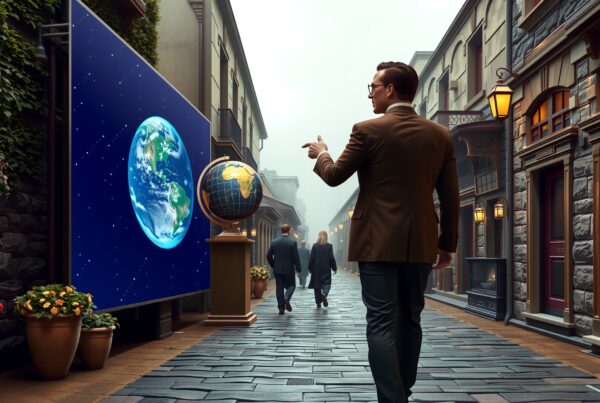 A man in a suit points towards a large digital display showing Earth on a quaint city street lined with classic buildings and glowing streetlamps.