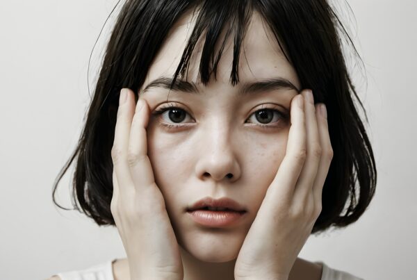 Close-up portrait of a young woman with a contemplative expression, delicate features framed by black hair, and expressive eyes.