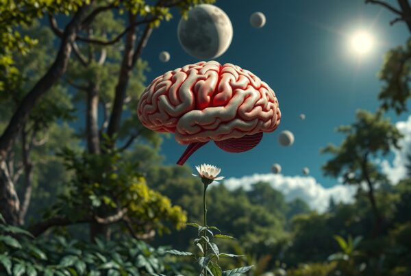 A surreal brain floating above a flower in a lush forest setting.