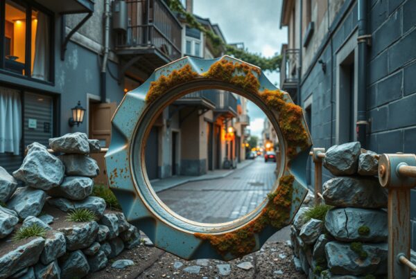 A weathered gear in a moss-covered alley.