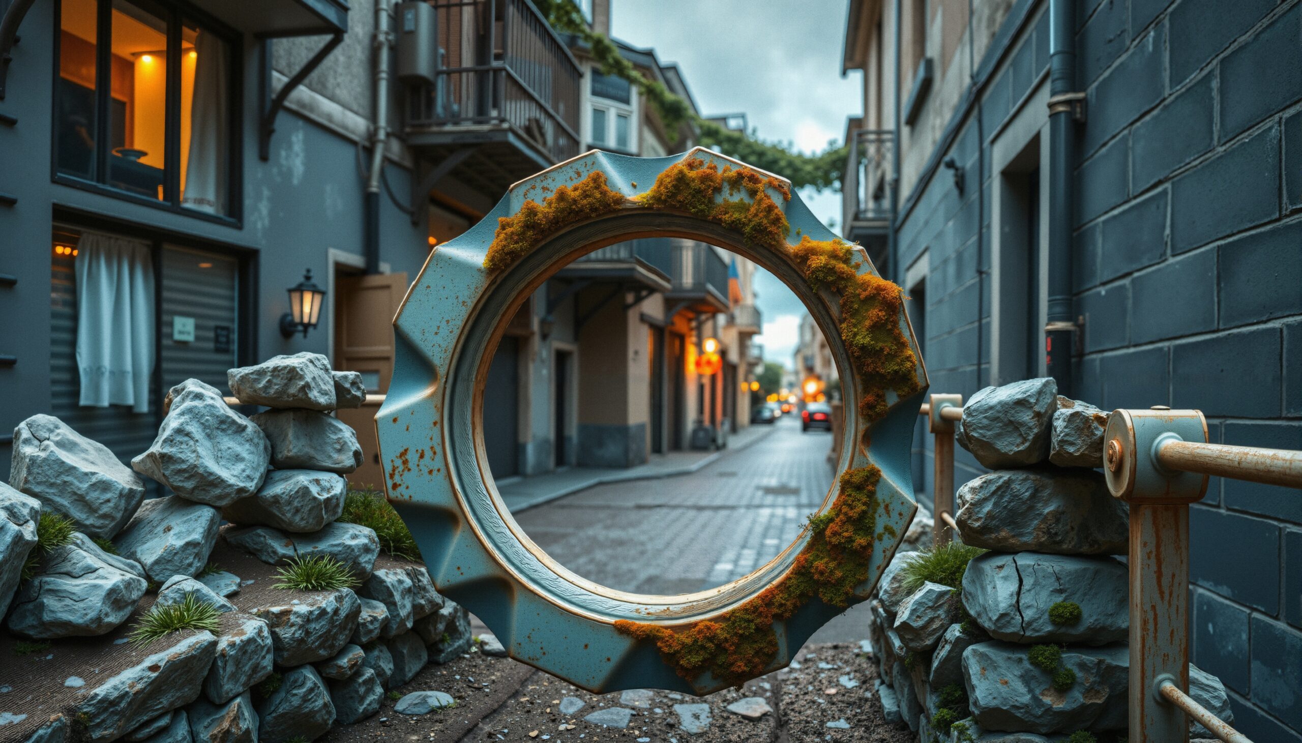 Urban Alleyway with Rusted Gear