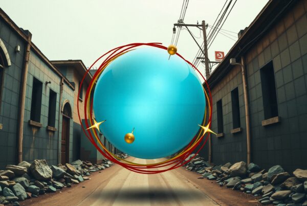 A vibrant blue sphere floats in a narrow urban alley, surrounded by swirling red lines and golden points, creating a surreal and captivating scene.