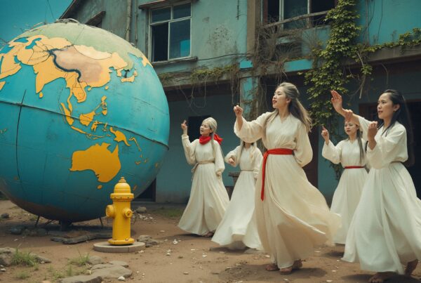 Women dancing in flowing dresses, surrounding a giant globe in an outdoor, rustic setting.