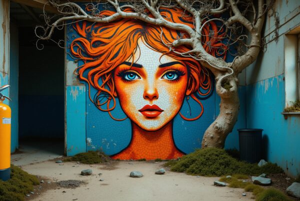 A vibrant mural of a woman with orange hair and blue eyes merges with tree branches inside a decaying urban building.