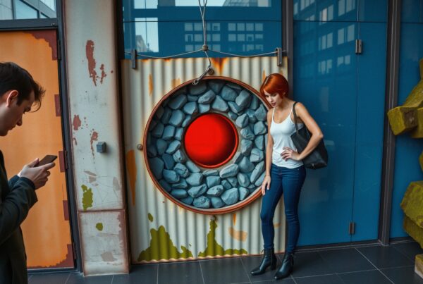 A stylish woman stands by an artistic industrial wall with urban elements.