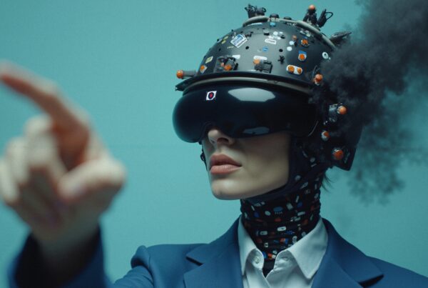 A person in a futuristic helmet with smoke emanating, pointing forward, in a teal background.