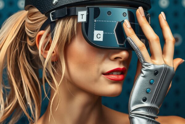 Stylish woman wearing VR headset and metallic glove.