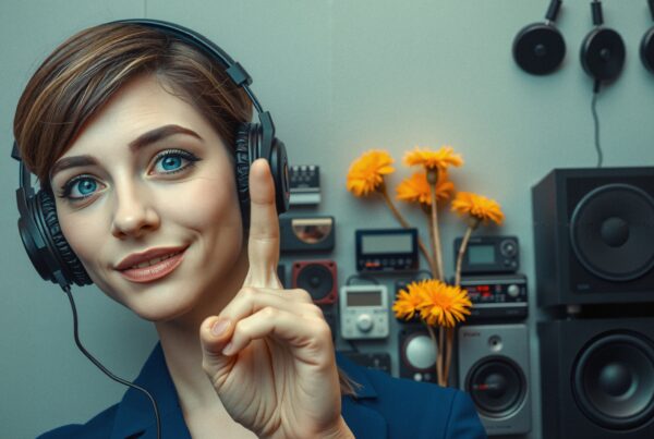 A woman wearing headphones smiles, surrounded by audio equipment and yellow flowers.