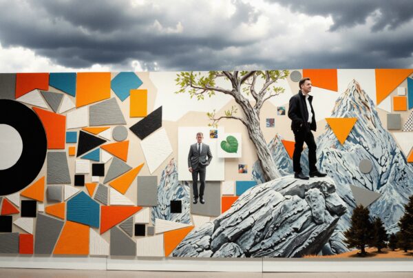 A vibrant mural combining abstract geometric shapes and realistic human figures with natural and urban elements.