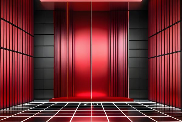 Futuristic room interior with red walls and glowing grid floor featuring sleek design.