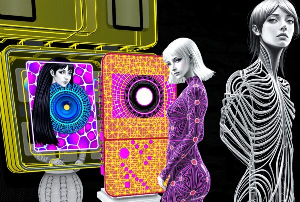 Futuristic figures with cybernetic designs showcasing digital artistry and technology.