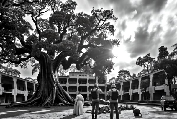 Black and white image featuring a massive tree surrounded by an abandoned building under a cloudy sky with three figures observing.