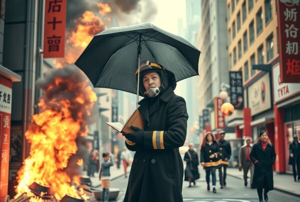 A firefighter stands amidst a city street fire, reading under an umbrella, with buildings and onlookers in the background.