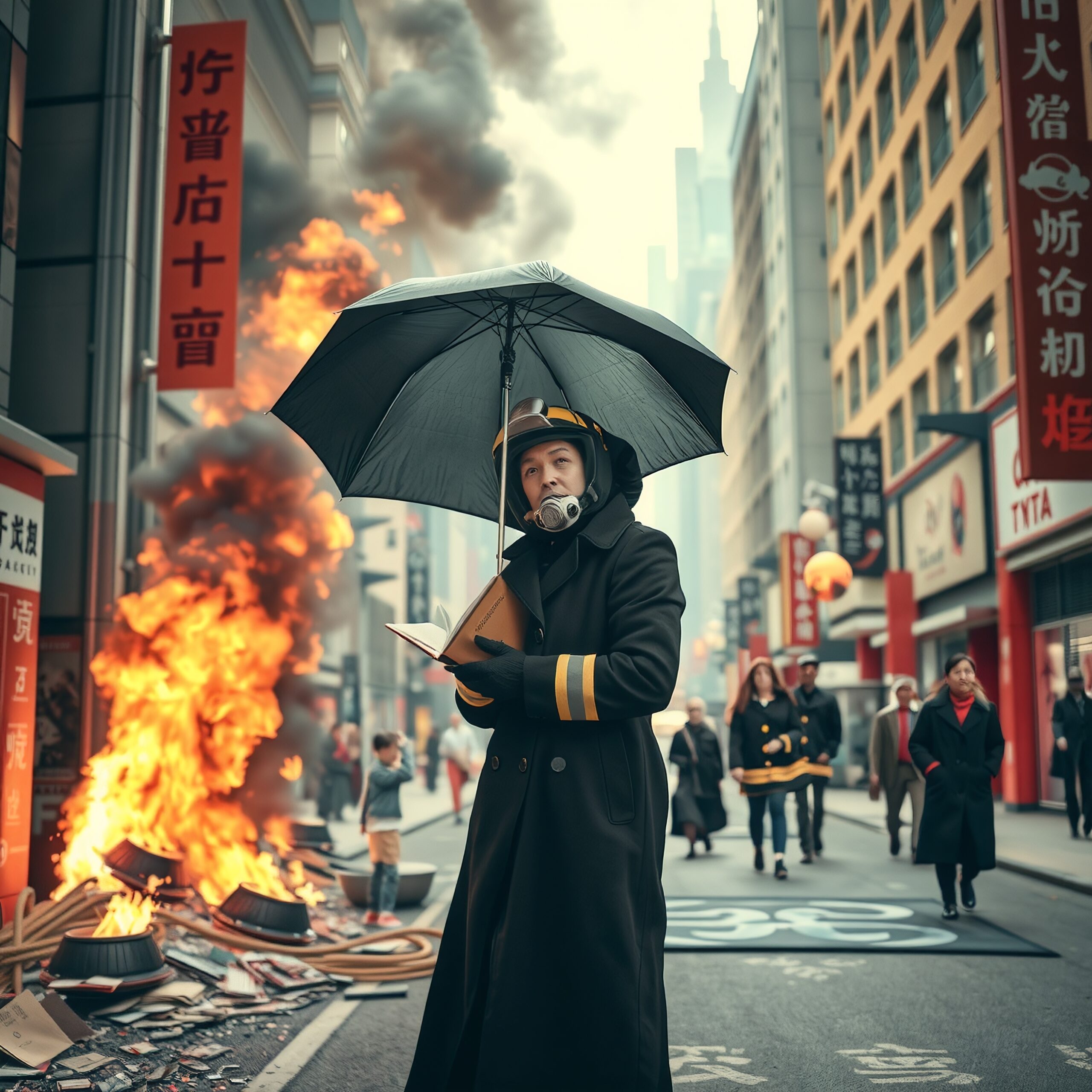 Firefighter Reading Amidst Urban Chaos